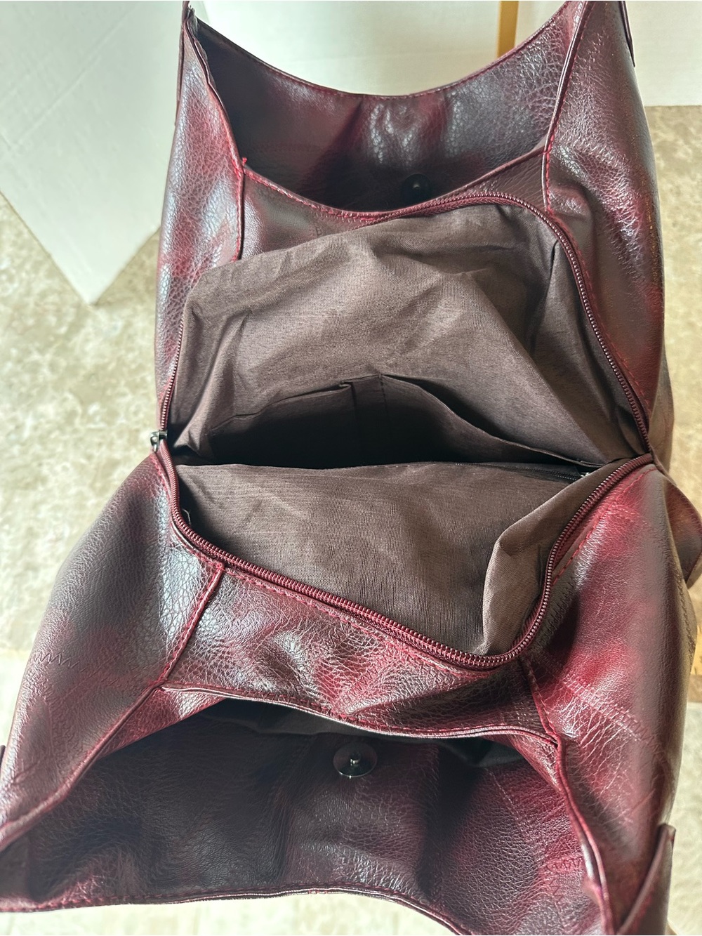 Burgundy Patchwork Hobo Bag Slouchy Vegan Leather Shoulder Purse Y2K Goth Grunge - Picture 2 of 14